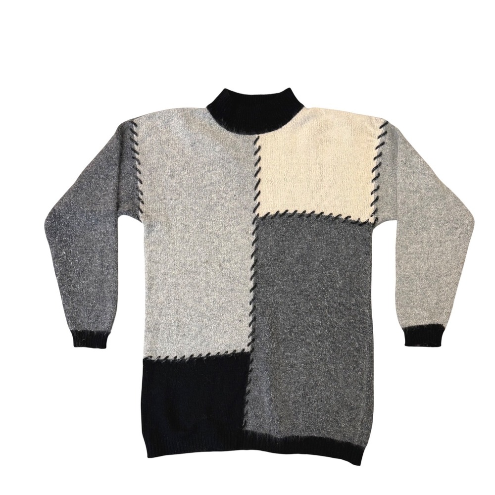 Vtg 80s 90s Private Party Mod Colorblock Silk Angora Mock Neck Sweater M EUC